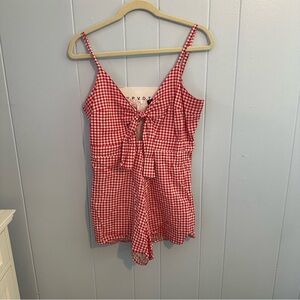 Red Gingham Women's Romper with front tie design, 100% cotton